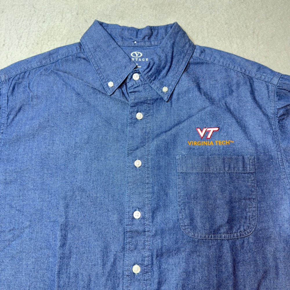 Vantage Button Down Shirt Mens LG Blue Excellent Virginia Tech Denim Long Sleeve